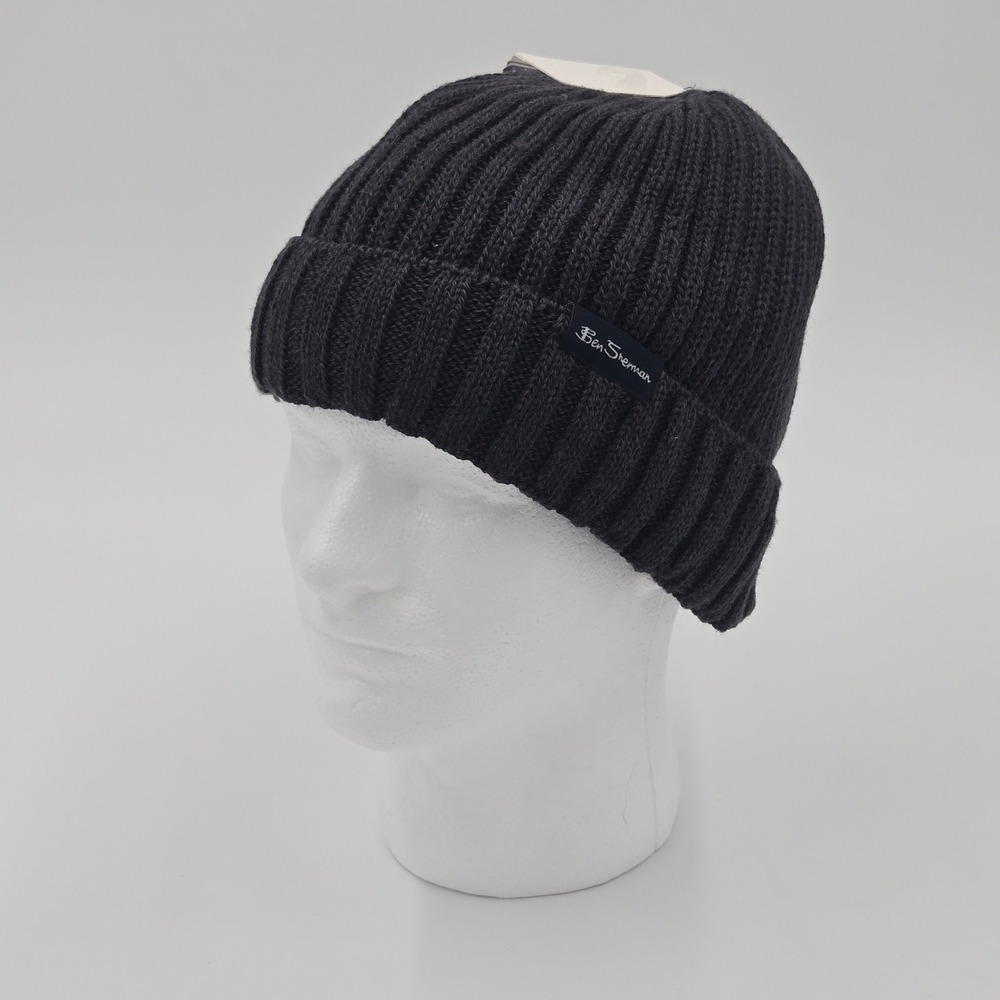 Ben Sherman Ribbed Knit Beanie Thermal Plush Lined‎ Black Dark Gray – NWT